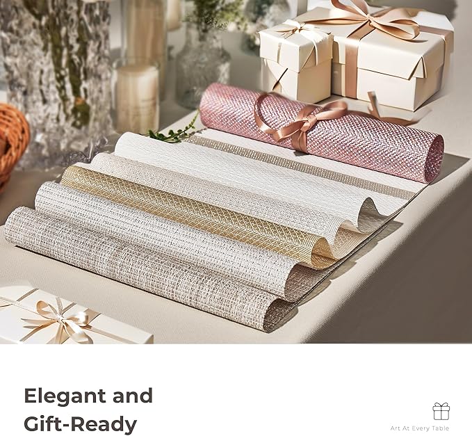 Leetaltree Luxury Beige and Gold Woven Placemats Set of 8 - Waterproof Washable Textured Table Mats for Wedding, Anniversary, Daily Use - Sparkling Metallic Thread Table Decor - Hand-Cut
