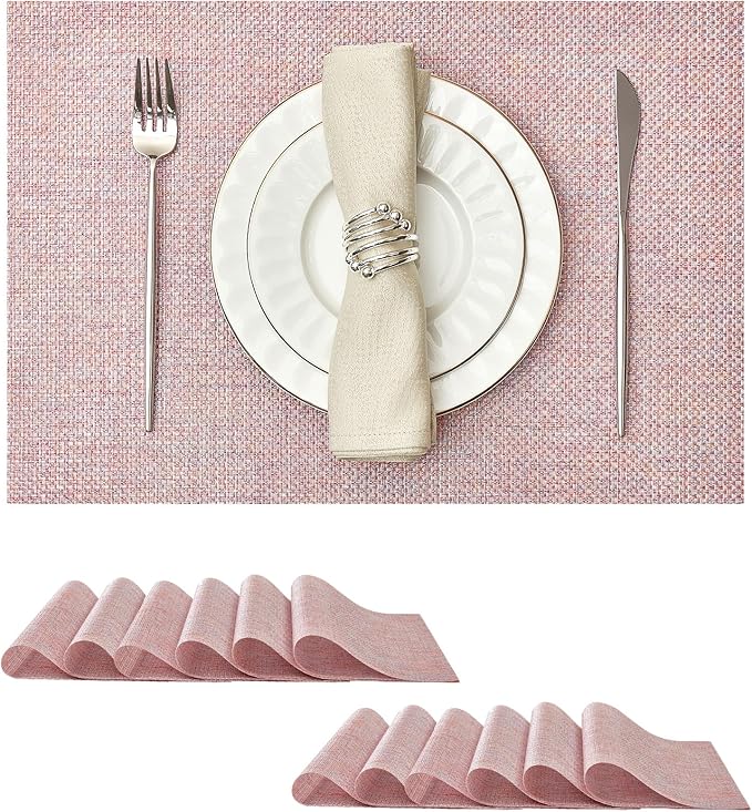 Leetaltree Luxury Pink Iridescent Placemats Set of 12 - Waterproof Washable for Wedding, Anniversary, Festive and Daily Use - Sparkling Table Mats Table Decor - Hand-Cut