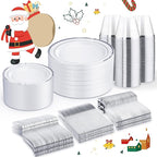 WELLIFE 450 PCS Silver Disposable Dinnerware Set for 75 Guests, Wedding Plates Silver Plastic Plates for Party, Including 75 Dinner Salad Plates, Cups, Forks Knives Spoons for Wedding and Party