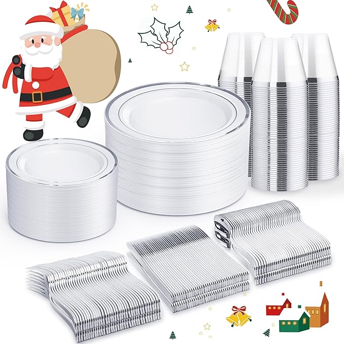 WELLIFE 450 PCS Silver Disposable Dinnerware Set for 75 Guests, Wedding Plates Silver Plastic Plates for Party, Including 75 Dinner Salad Plates, Cups, Forks Knives Spoons for Wedding and Party