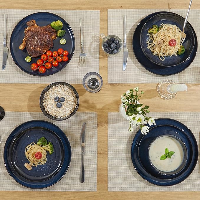 Pokini 32 Piece Starry Blue Dinnerware Set with Pasta Bowls, Coastal Reactive Glaze Stoneware for 8 | Complete Serving Set for Holiday Meals, Multi‑Dish Hosting & Family Celebrations