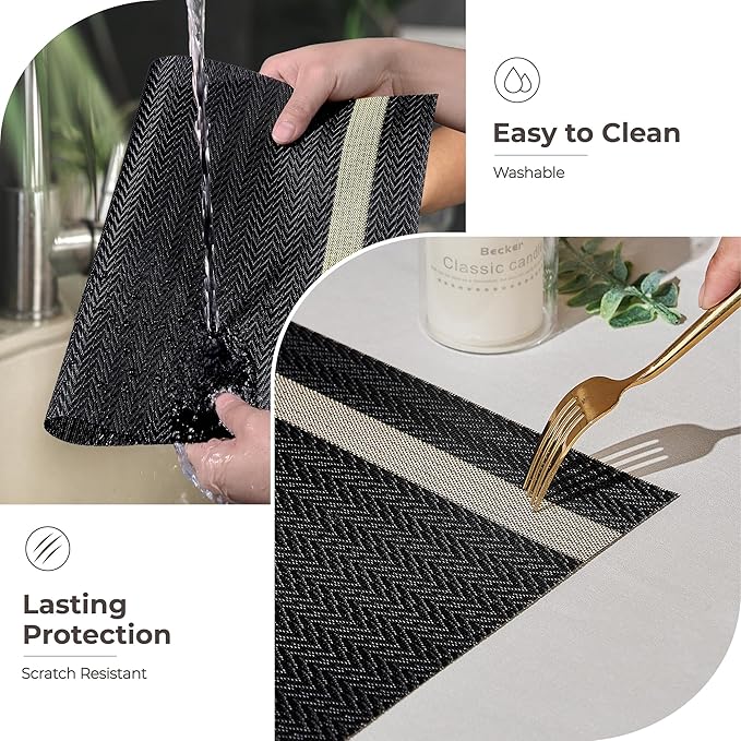 Leetaltree Luxury Black Placemats with Gold Stripes Placemats Set of 4 - Waterproof Washable for Wedding, Anniversary, Daily Use - Sparkling Table Decor - Hand-Cut