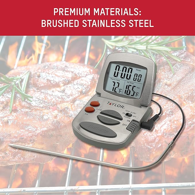 Taylor Programmable Instant-Read Wired Probe Digital Meat Thermometer, Stainless Steel for BBQ, Grill, Kitchen Cooking, Accurate Temperature Readings