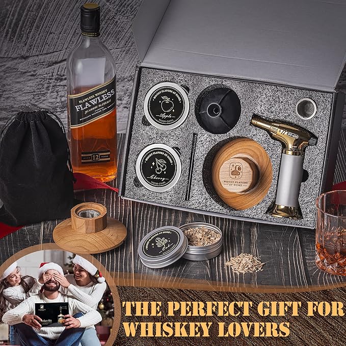 Cocktail Smoker Kit – Drink Smoker Bartender Kit with Torch, Sphere Ice Molds, Aromatic Wood Chips – Professional Bourbon Smoker Kit for Cocktails, Whiskey. Butane not Included
