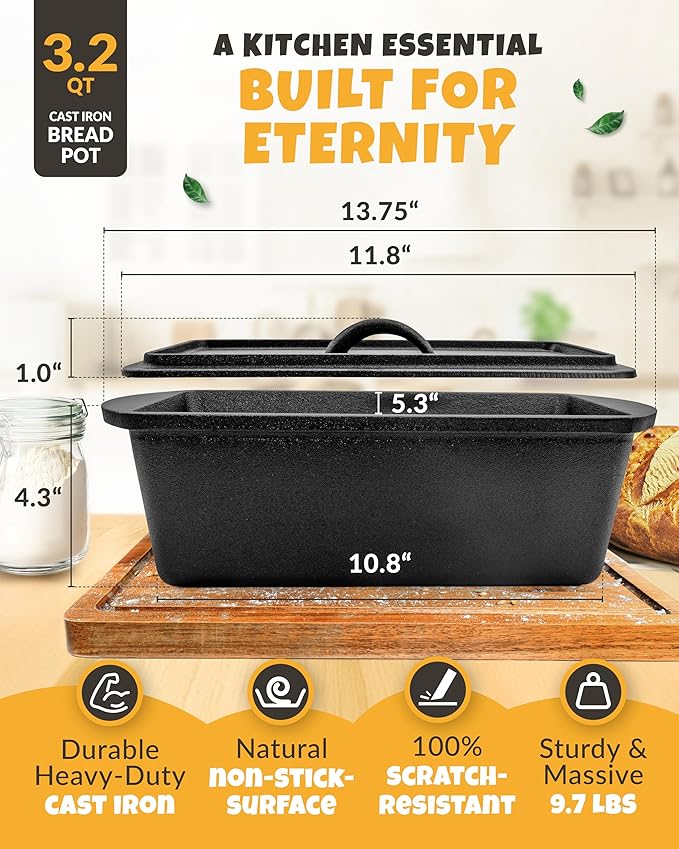 CRUSTLOVE Rectangular Cast Iron Dutch Oven for Bread Baking - incl. Sourdough Bread-Baking Supplies - 3.2QT Bread-Pan for Homemade-Bread, Sour dough Bread-Pans with Lid, Bread-Oven, Bread-Baking-Pan
