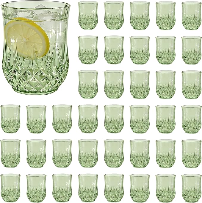40 Pack Plastic Stemless Wine Glasses,12oz Unbreakable Vintage Elegant Drinking Glass Set,Reusable Fancy Cocktail Cups for Party, Wedding, and Bulk Events (40, 12oz-Sage Green)