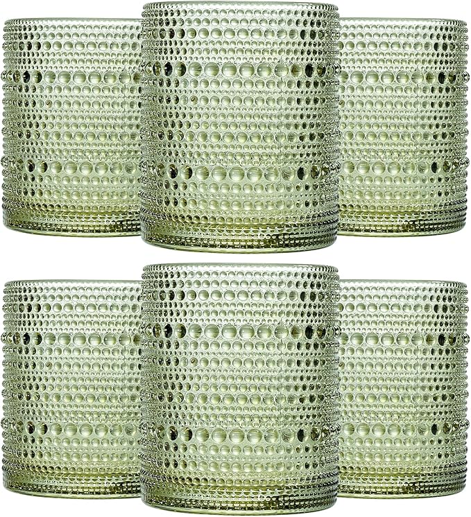 JOVGANK Green Vintage Hobnail Drinking Glasses Set of 6, Embossed Water Tumbler 12oz, Kitchen & Bar Beaded Glass Cups, Beverage Glass Cups for Water, Beer, Juice, Housewarming and Mother's Day Gift