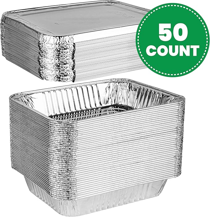 PLASTICPRO Disposable 9 x 13 Aluminum Foil Pans With Lids Half Size Deep Steam Table Bakeware - Cookware Perfect for Baking Cakes, Bread, Meatloaf, Lasagna Pack of 50 Pans & 50 Lids