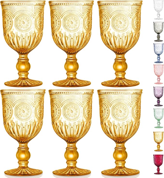 Yungala Amber Wine Glasses Set of 6 Vintage Hobnail Goblets 10 oz