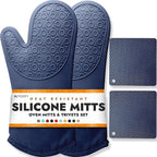 HOMWE Silicone Oven Mitts and Pot Holders, 4-Piece Set, Heavy Duty Cooking Gloves, Kitchen Counter Safe Trivet Mats, Advanced Heat Resistance, Non-Slip Textured Grip (Navy Blue)