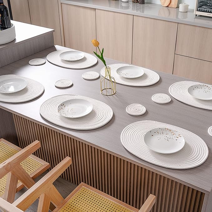 Placemats Set of 6 Oval – Woven Boho Farmhouse Table Mats for Dining Table for 6, Kitchen Decor, Washable and Handmade Rustic Table Accessories (16 * 12 Plus 6 Coasters, Off White)