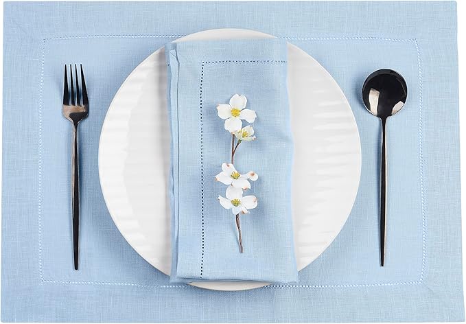 D'Moksha Homes Powder Blue Linen Cloth Placemats Set of 4-100% Pure Linen Hemstitch Placemats 14 x 19 Inch - Classic Hemstitch Table Place Mats for Winter - Handcrafted and Machine Washable