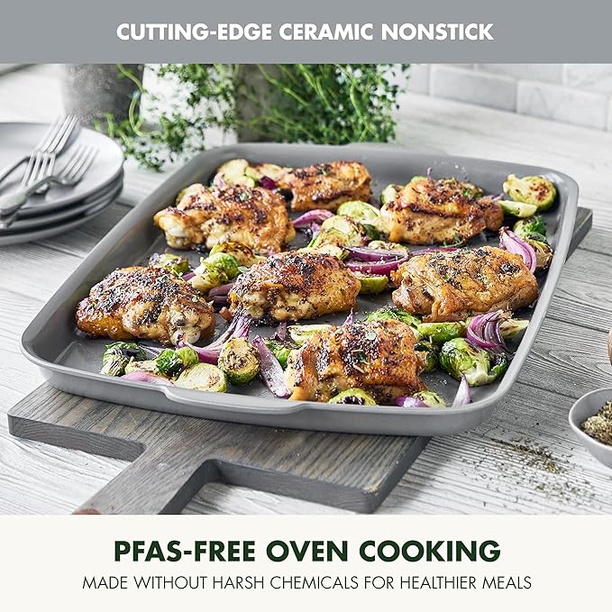 GreenPan Premiere Ovenware Healthy Ceramic Nonstick 18" x 13" Half Rectangular Baking Pan, PFAS-Free, Warp-Free Bakeware, Durable Quick Heating, Oven & Broiler Safe to 600F, Dishwasher Safe, Gray