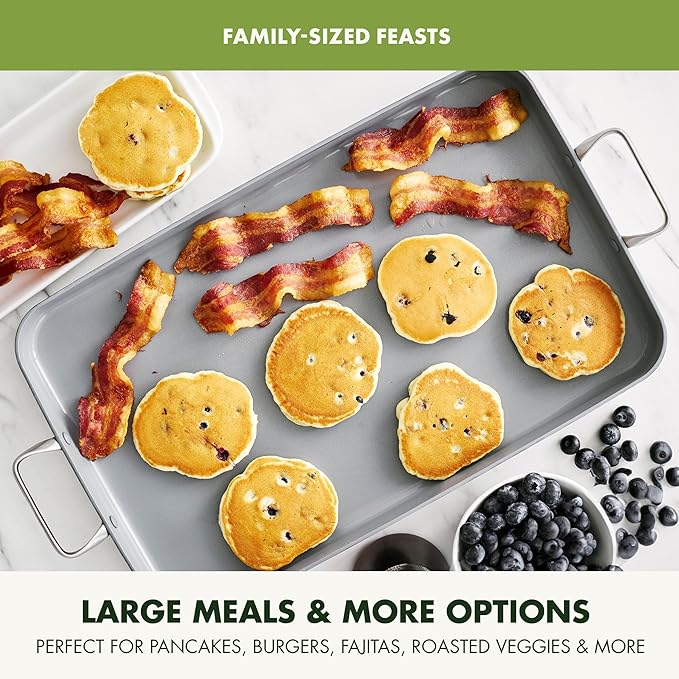 GreenPan Valencia Pro Ceramic Nonstick 18" x 11" Double Burner Griddle Pan, Hard Anodized PFAS-Free, Induction Ready Cookware, Compatible on All Cooktops, Dishwasher Safe, Oven Safe to 600F, Gray