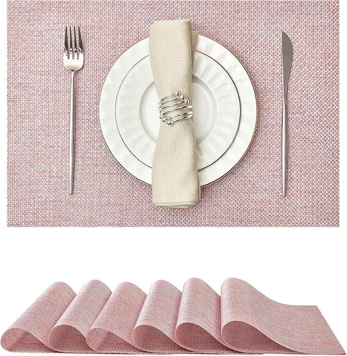 Leetaltree Luxury Pink Iridescent Placemats Set of 6 - Waterproof Washable for Wedding, Anniversary, Festive and Daily Use - Sparkling Table Mats Table Decor - Hand-Cut