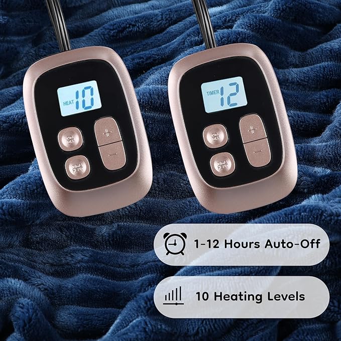 Electric Heated Blanket Queen Size - 84"x90", Soft Flannel Heating Blanket, 10 Heating Levels, 1-12 H Auto Shut Off, Dual Controllers, Breathable Warm and Washable for Bed, Navy Blue