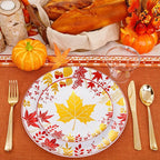 KIRE 150PCS Thanksgiving Plates Dinnerware Maple Leaves - Plastic Thanksgiving Plates with Gold Silverware Include 25Dinner 25Salad 25Forks 25Knives 25Spoons 25Gold Cups
