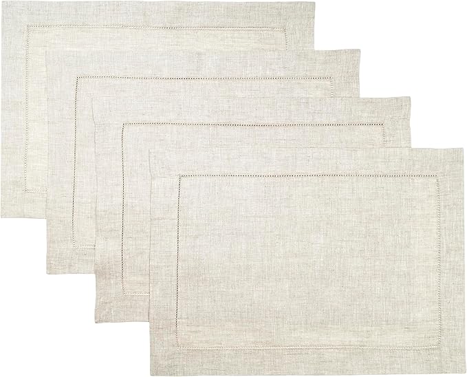 D'Moksha Homes Light Natural Linen Cloth Placemats Set of 4-100% Pure Linen Hemstitch Placemats 14 x 19 Inch - Classic Hemstitch Table Place Mats for Valentines - Handcrafted, Machine Washable
