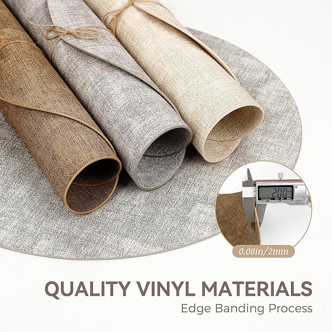 13" Round Placemats Set of 6, Reversible Faux Leather Heat Resistant Table Mats, Waterproof Oilproof Wipeable Table Protective Placemats for Vinyl, Washable for Indoor & Outdoor Use (6, Light Brown)