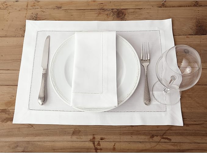 Solino Home White Placemats Set of 4 - Cotton Linen Hemstitch Placemats 14 x 19 Inch for Winter, Valentines, Holiday, New Year