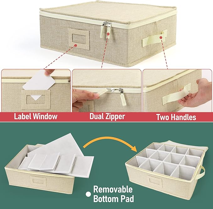 LotFancy Cup and Mug Storage Box, Hard Shell, China Coffee Mug Storage Container for Moving, Holds 12 Tea Cups, with Dividers & Handles, Beige