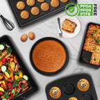 NutriChef 8-Piece Nonstick Stackable Bakeware Set – Non Toxic Carbon Steel Baking Trays W/Cookies Sheet Muffin, Loaf, Cake, Round & Square Pan – Easy To clean & Easy to Release, Oven Safe – Brown