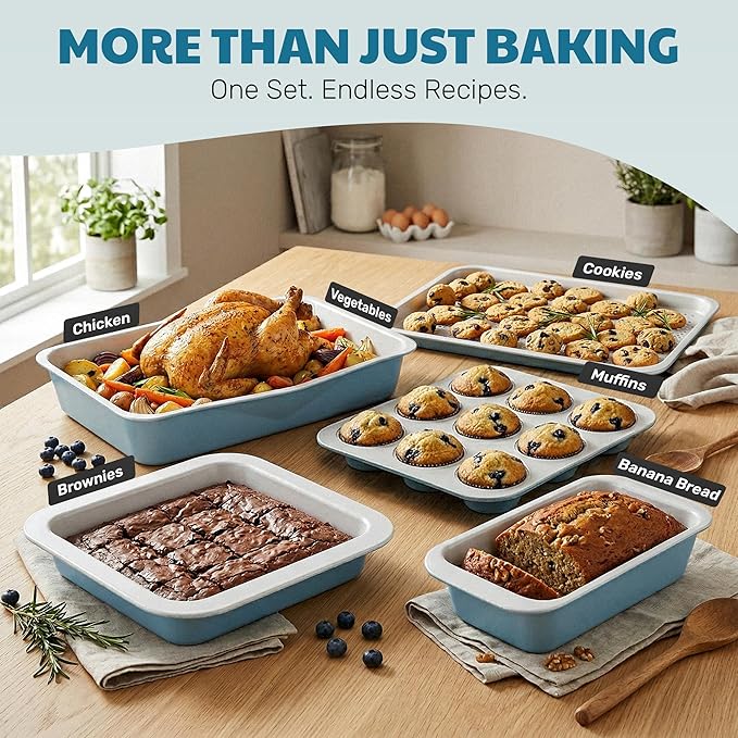 Gotham Steel 6 Pc Stackable Baking Pans Set, 70% Space Saving Design, Ceramic Bakeware Sets Non Toxic Made Without PFOA PFOS, with Baking Sheet Tray, Cake & Muffin Pans, Oven & Dishwasher Safe