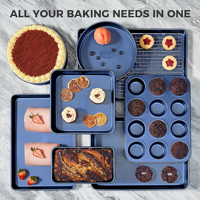 HONGBAKE Pots and Pans Set Nonstick, 26 Pcs All-in-One Kitchen Starter Set with Cookware, Bakeware & Silicone Utensils, Non Toxic Ceramic Coating, Induction & Oven Safe, PFOA PFOS Free, Blue