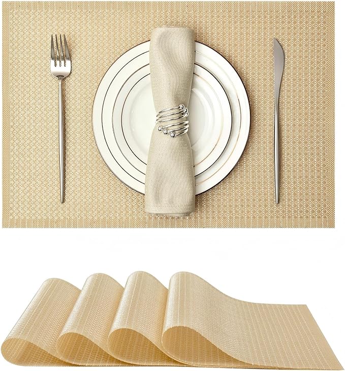 Leetaltree Luxury Gold Sequin Placemats Set of 4 - Waterproof Washable for Wedding, Anniversary, Daily Use - Sparkling Table Decor -Hand-Cut
