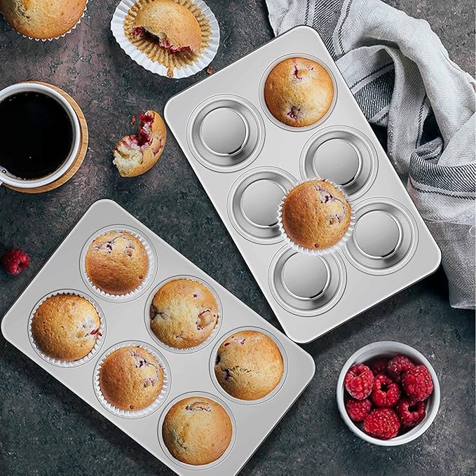 Homikit 2 Pack Muffin Pan, Stainless Steel Cupcake Baking Tin with 6 Cups Regular Size, 11.4 x 7 Inches Metal Egg Bites Tray for Toaster Oven, Rust Free & Non Toxic, Easy Release & Dishwasher Safe