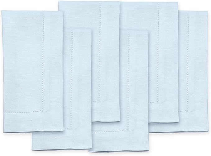 Solino Home Light Blue Linen Napkins Set of 6-100% Pure Linen Hemstitch Dinner Napkins 20 x 20 Inch for Winter, New Year - Classic Hemstitch