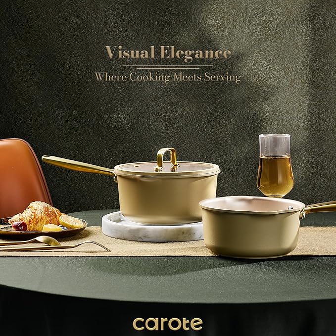 CAROTE 2Qt & 3Qt Nonstick Sauce Pan Set, Saucepan with Durable Cast Steel Handle, Oven-Safe, PFOS PFOA Free, Compatible with Gas/Electric/Induction Stovetops, Dishwasher Safe, Aluminum