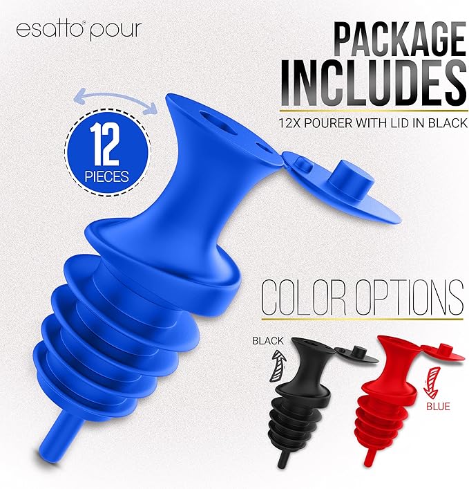 Esatto Pour and Seal, Pourer with Lid – Easy Pouring for Drinks like Spirits and Liquors, Lid for Healthy Practices Keeping Debris and Fruit Flies Away, Professional Bar Tool, Pack of 12 Pieces (Blue)