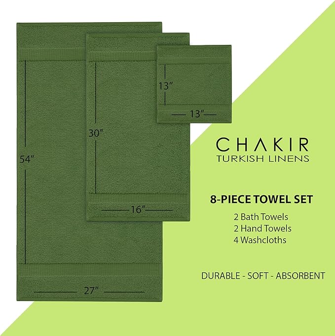 Chakir Turkish Linens | Hotel & Spa Quality 100% Cotton Premium Turkish Towels | Soft & Absorbent (8-Piece Towel Sets, Moss)