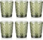 Joeyan Green Vintage Drinking Glasses,Embossed Water Glass Cups,Colored Decorative Glass Tumblers,Elegant Glassware Cups for Beverages Juice Cocktail Beer,11 oz,Set of 6,Dishwasher Safe