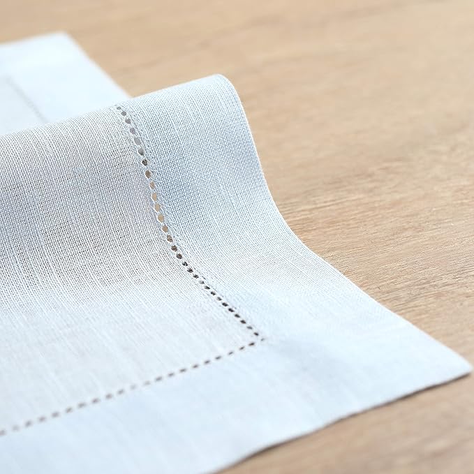 Solino Home Light Blue Linen Napkins Set of 6-100% Pure Linen Hemstitch Dinner Napkins 20 x 20 Inch for Winter, New Year - Classic Hemstitch