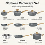DishDelight Induction Pots and Pans Set Non Stick, 30 Piece Nonstick Kitchen Cookware Sets, Gray Cooking Pan Set, PFOA & PFOS Free