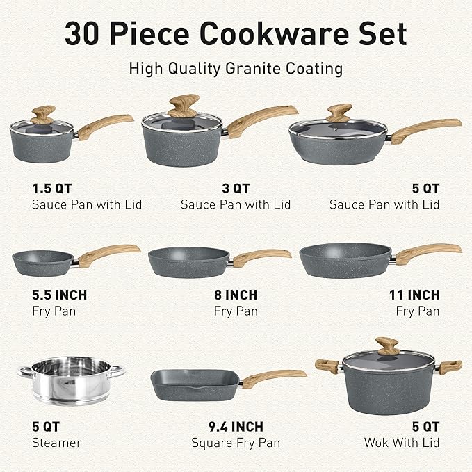 DishDelight Induction Pots and Pans Set Non Stick, 30 Piece Nonstick Kitchen Cookware Sets, Gray Cooking Pan Set, PFOA & PFOS Free