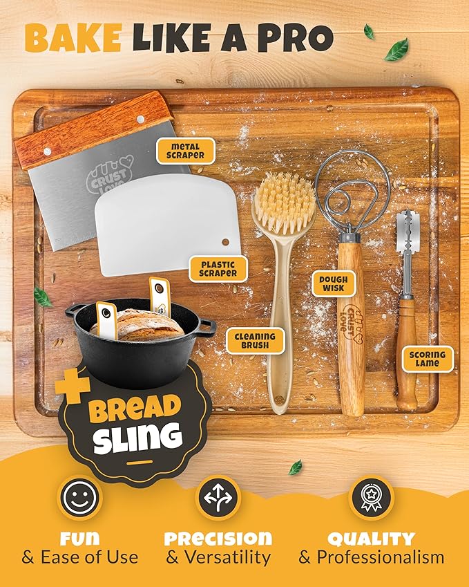 CRUSTLOVE Cast Iron Dutch Oven for Bread Baking - incl. Sourdough Bread-Baking Supplies like Banneton Bread-Proofing Basket - 5QT Bread-Oven with Lid Bread-Making Kit Pan, Pot, Sour Sough Tools, Lame