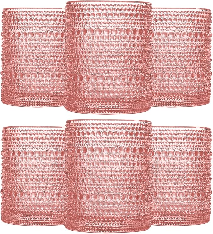 JOVGANK Pink Vintage Hobnail Drinking Glasses Set of 6, Embossed Water Tumbler 12oz, Kitchen & Bar Beaded Glass Cups, Beverage Glass Cups for Water, Beer, Juice, Housewarming and Mother's Day Gift