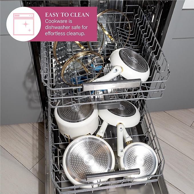 Paris Hilton Epic Nonstick Pots and Pans Set, Multi-layer Nonstick Coating, Tempered Glass Lids, Soft Touch, Stay Cool Handles, Made without PFOA, Dishwasher Safe Cookware Set, 12-Piece, Cream