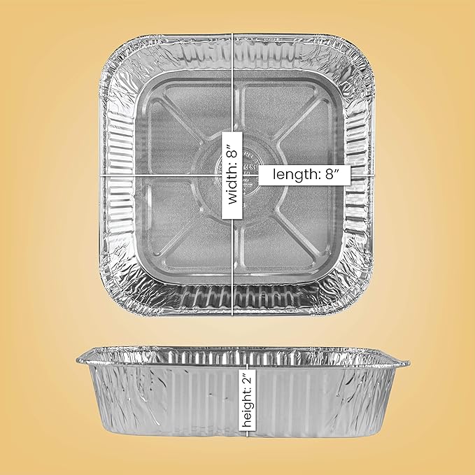PLASTICPRO Disposable 8'' X 8'' X 2'' Inch Square Aluminum Tin Foil Baking Pans Bakeware - Cookware Perfect for Baking Cakes, Breads, Brownies, Bread, Meatloaf, Lasagna, Pack of 25