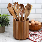 Elama 7 Piece Acacia Wood Kitchen Cooking Utensil Set and Rotating Kitchen Utensil Crock, Cooking Tools, Kitchen Utensils, Countertop Storage (7 Piece Slotted)