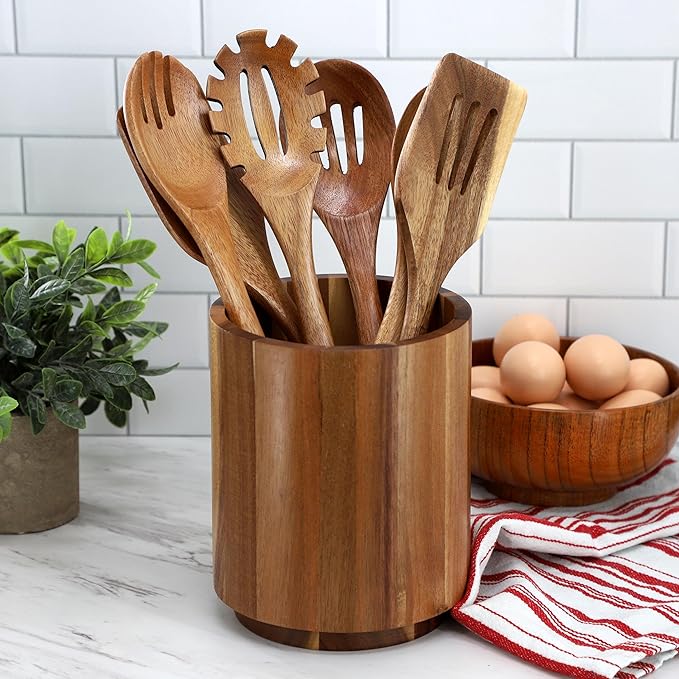 Elama 7 Piece Acacia Wood Kitchen Cooking Utensil Set and Rotating Kitchen Utensil Crock, Cooking Tools, Kitchen Utensils, Countertop Storage (7 Piece Slotted)