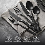 KINGSTONE 24 Pcs Black Hammered Silverware Set with Steak Knives for 4, 18/10 Stainless Steel Heavy Duty Flatware Set, Tableware Cutlery Utensil Sets for Home Restaurant Dishwasher Safe
