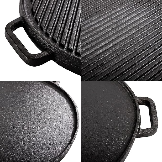 Lawei 12 Inch Cast Iron Griddles, 2-in-1 Reversible Grill/Griddle with Handle, Reversible Grill Plate Skillet for Stovetop, Gas Range, Electric Stovetop, Grill Open Fire