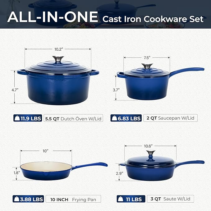 Kitchen Academy 7Pcs Enameled Cast Iron Cookware Sets - Non Toxic Pots and Pans Set, Blue Induction Dutch Oven Set, PFOA&PFAS Free