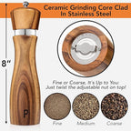 Gennua Kitchen Wooden Salt and Pepper Grinder Set: Refillable Salt & Pepper Mills Adjust for Customized Coarseness, Crafted of Solid Acacia Wood with Ceramic/Stainless Steel Core, 8 Inches Each