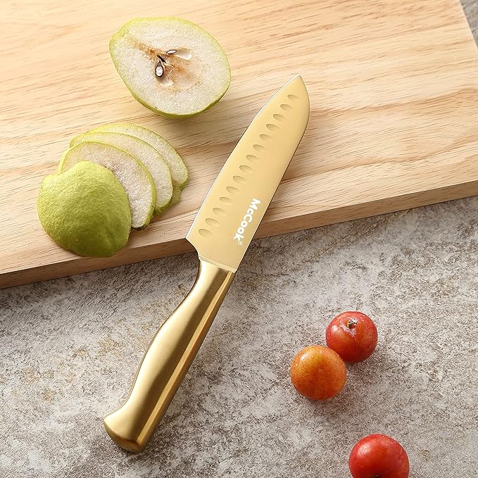 McCook® Kitchen Knife Sets, Golden Titanium Stainless Steel Knives Block Set with Built-in Sharpener