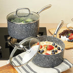 Saucepan Set, Nonstick 2Qt & 3Qt Sauce Pans with Lids, Small Pot with Lid - Natural Granite, Grey